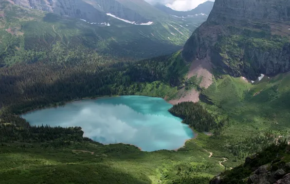 Picture forest, mountains, lake