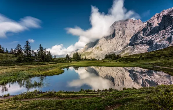 Clouds, landscape, mountains, lake