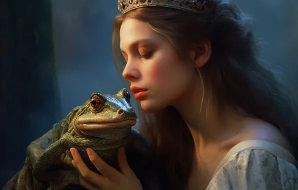 Girl, face, rendering, frog, portrait, crown, art, toad
