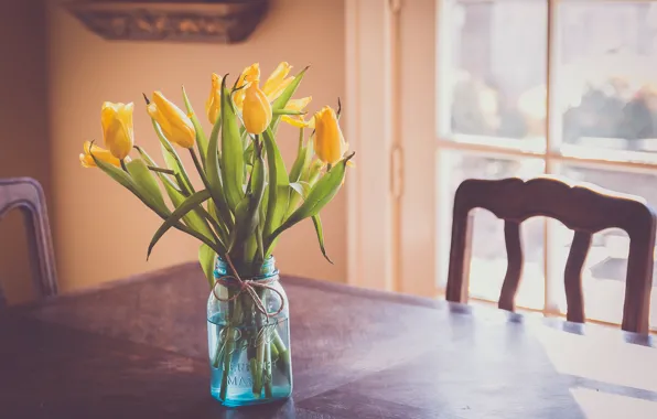 Flowers, table, yellow, tulips