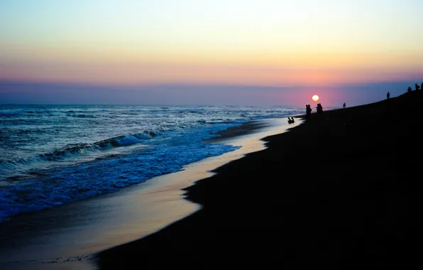 Beach, ocean, sunset, water, people, shore, bank