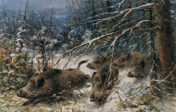 Picture Winter, Trees, Snow, Picture, German artist, Wilhelm Lorenz, Wild Boars, Wilhelm Lorenz