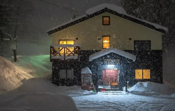 Winter, The evening, House, House, Winter, Evening, Snowfall, Snowfall