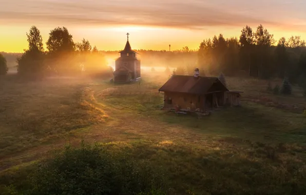 Landscape, nature, fog, house, morning, Church, backwoods, Andrey Bazanov