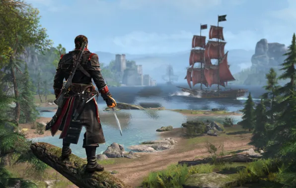 Picture mountains, weapons, back, ship, hood, Templar, sails, killer
