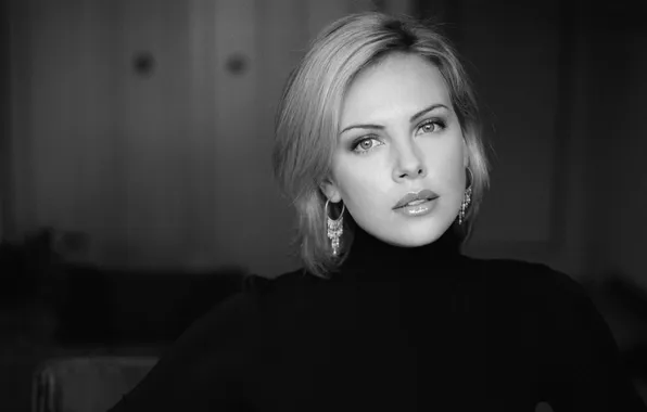 Photo, Charlize Theron, portrait, actress, Charlize Theron, black and white