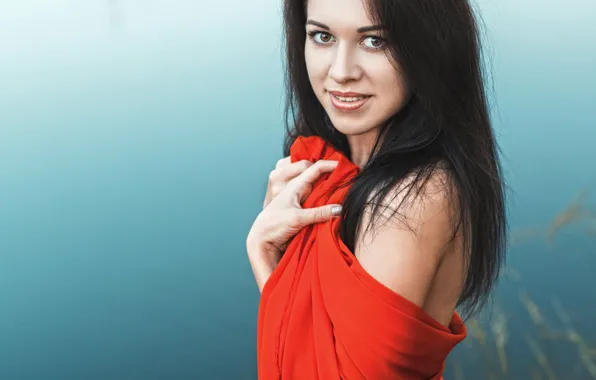 Water, girl, lake, red, dress, shoulder, keeps