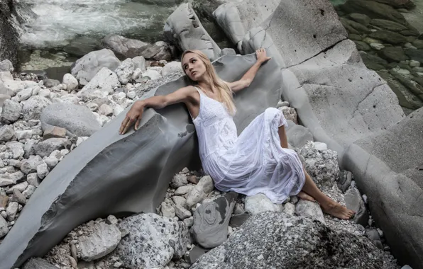 Picture girl, pose, stones, dress