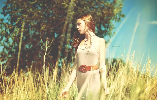 Picture the sky, grass, girl, trees, nature, red