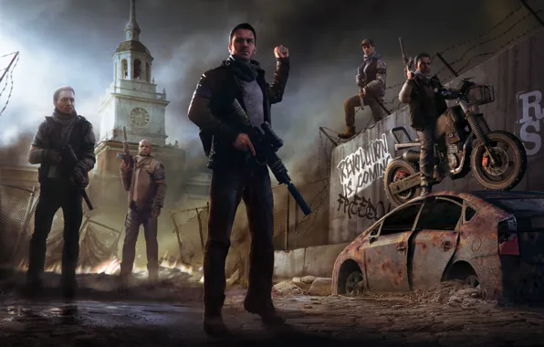 The city, weapons, tower, motorcycle, soldiers, revolution, Homefront: The Revolution