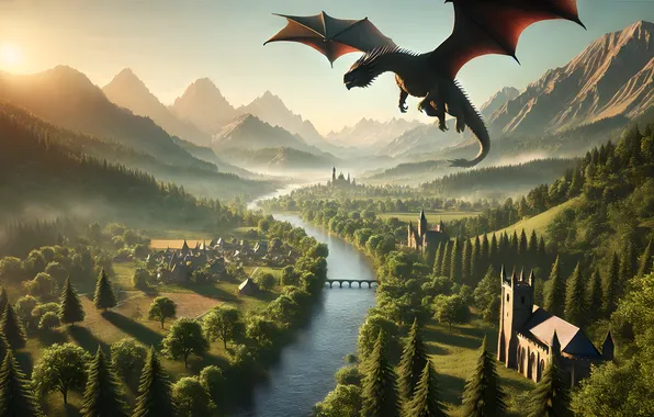 Forest, flight, mountains, river, castle, dragon, height, settlement