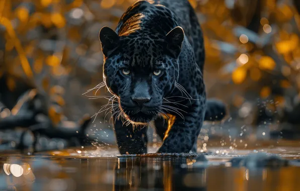 Look, face, water, squirt, the dark background, Panther, black, pond