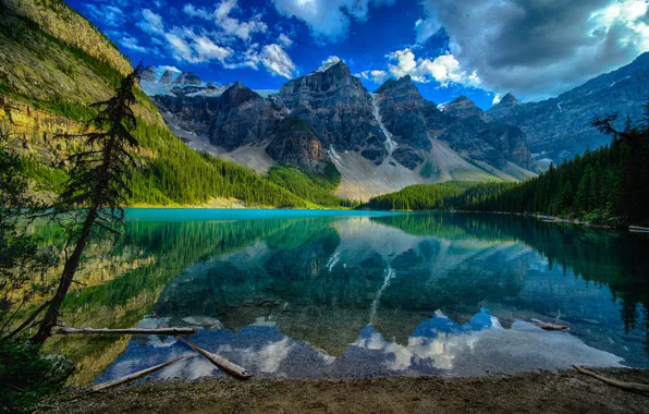 Picture the sky, clouds, trees, landscape, mountains, lake, reflection, Canada