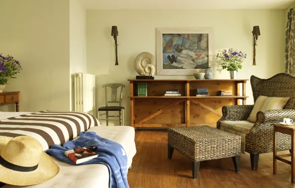 Flowers, books, bed, towel, picture, chair, hat, glasses