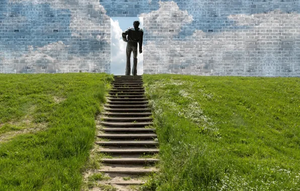 Clouds, wall, ladder, male, doorway