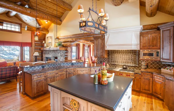 Interior, kitchen, log home