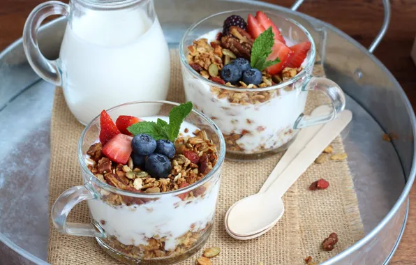 Berries, milk, strawberry, glasses, mint, blueberries, granola