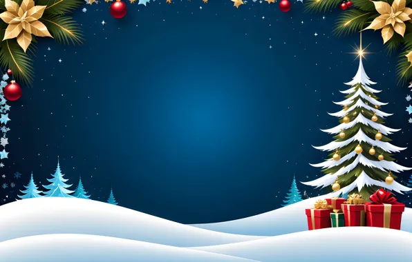 Winter, stars, balls, snow, night, branches, hills, graphics