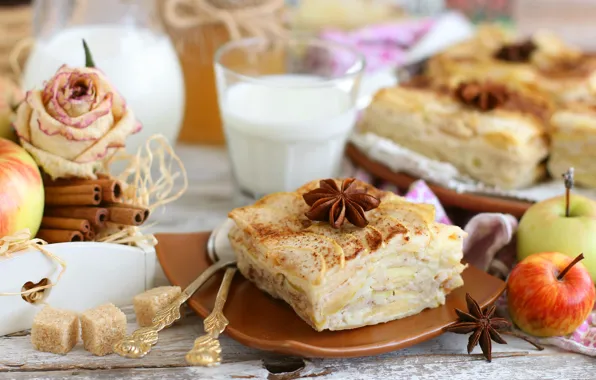 Apple, roses, milk, sugar, cake, cinnamon, Anis