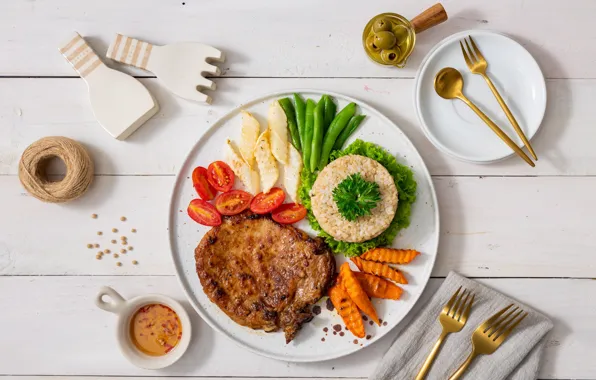 Oil, meat, figure, vegetables, tomatoes, olives, carrots, beans