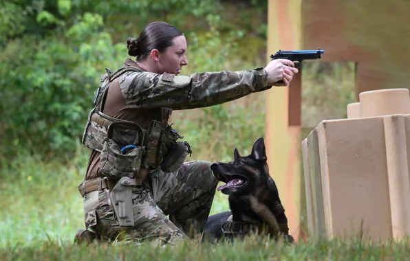 Picture Girl, Dog, Gun, Shepherd, USA, Military Working Dog competition, Security Support Squadron, Competitions of military …