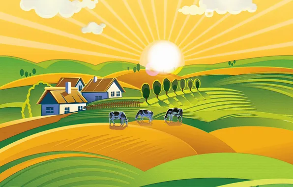 The sun, hills, cows, meadows, farm