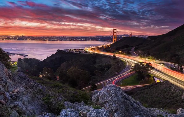 Picture landscape, mountains, bridge, the city, rocks, the evening, lighting, Bay