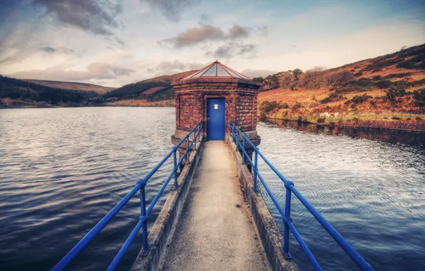 Pool, lake, island, hills, countryside, reservoir, West Baldwin Reservoir