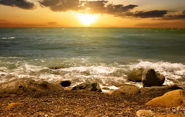 STONES, SEA, HORIZON, The SKY, The SUN, CLOUDS, SHORE, PEBBLES