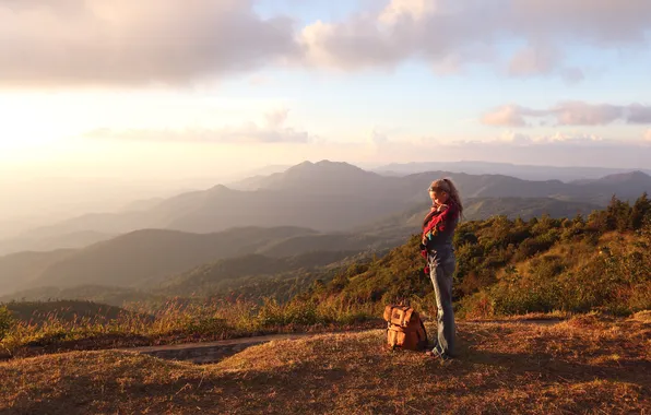 Girl, clouds, hills