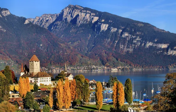 Picture landscape, mountains, lake, shore, home, boats, Switzerland, Spiez