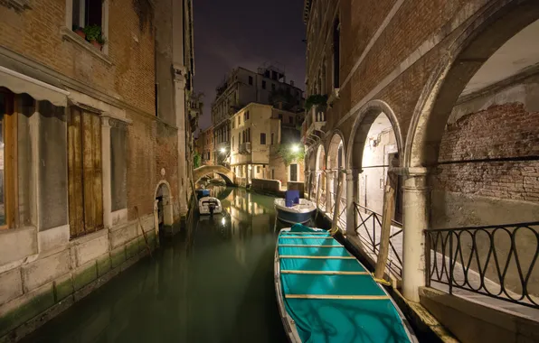 The sky, night, bridge, lights, boat, home, Italy, Venice