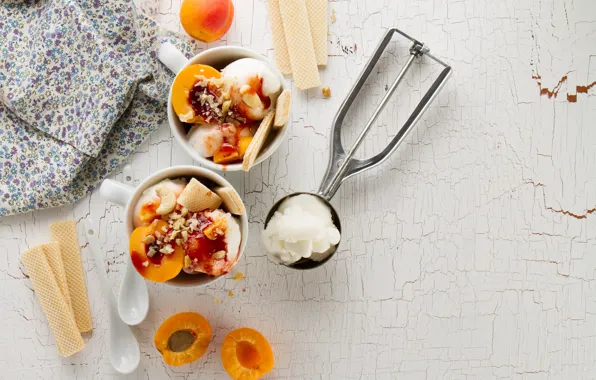 Ice cream, nuts, dessert, waffles, apricots, vanilla