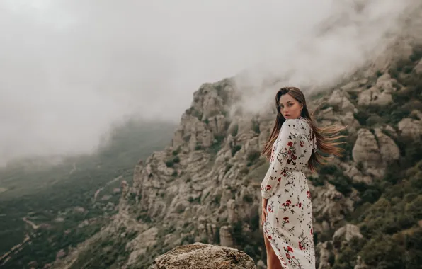 Picture girl, pose, fog, rocks, the wind, dress