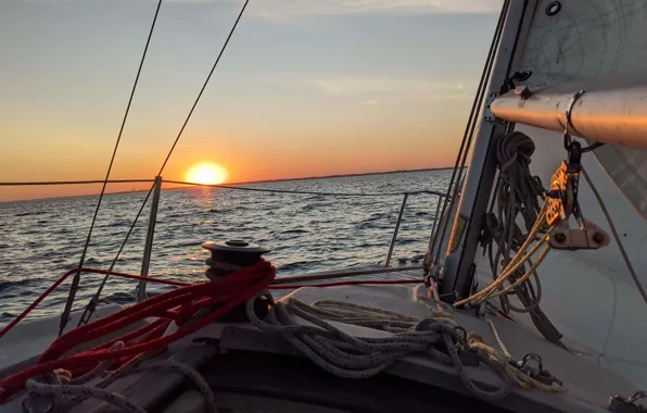 Sea, the sun, coast, morning, yacht, sail, deck, rigging