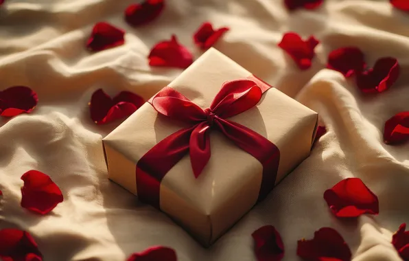 Light, flowers, holiday, box, gift, petals, red, fabric