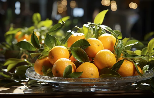 Glass, leaves, light, glare, table, oranges, fruit, citrus