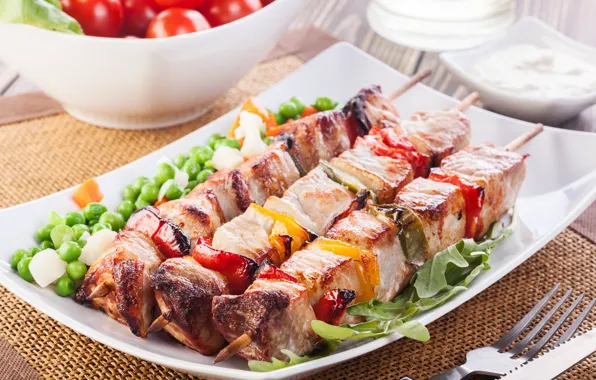 Peas, meat, pepper, vegetables, dish, kebabs