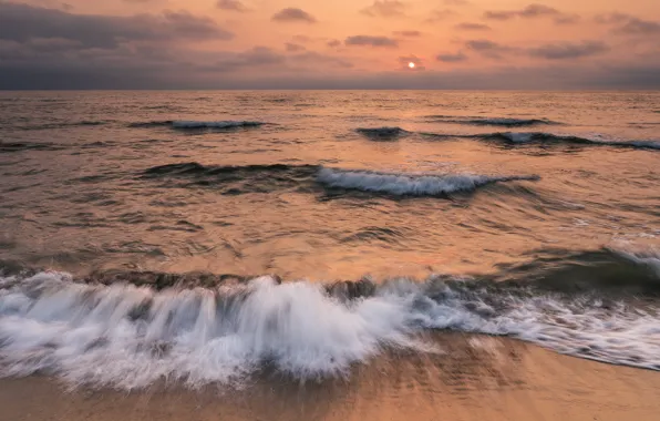 Sea, wave, clouds, sunset, dawn, shore, surf