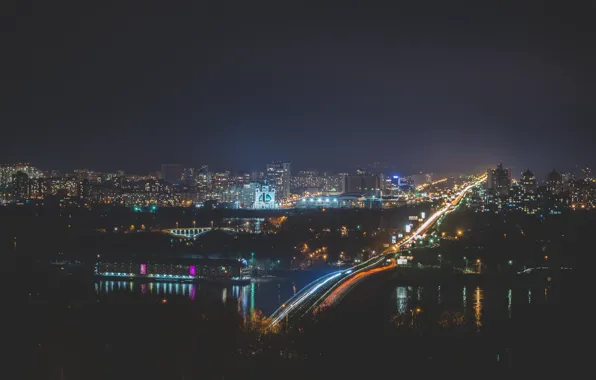 Picture bridge, the city, lights, metro, night, Ukraine, Dnepr, Kiev