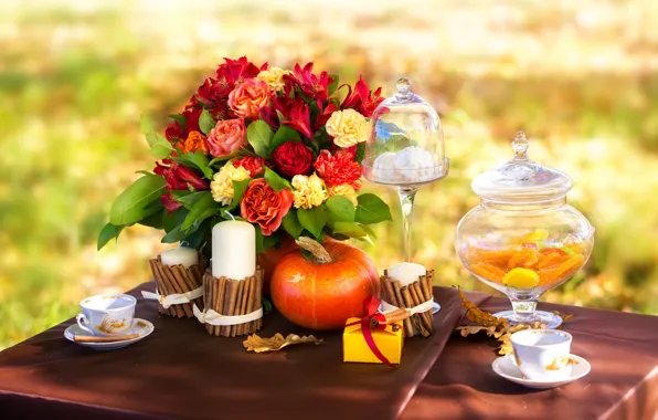 Autumn, leaves, flowers, coffee, roses, candles, picnic