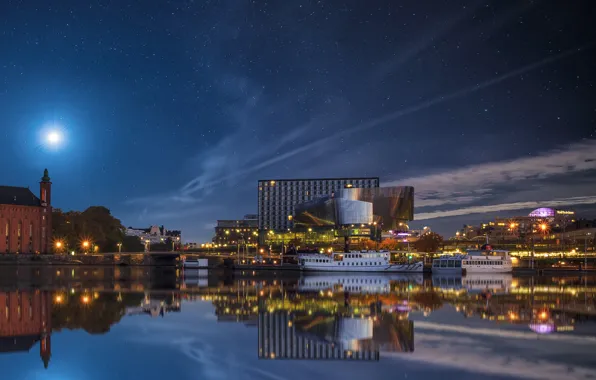 The sky, stars, night, river, pier, pierce, Stockholm, Sweden