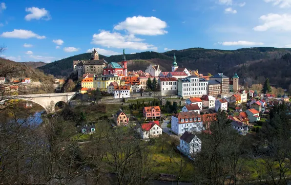 Trees, bridge, river, building, home, Czech Republic, panorama, Karlovy Vary