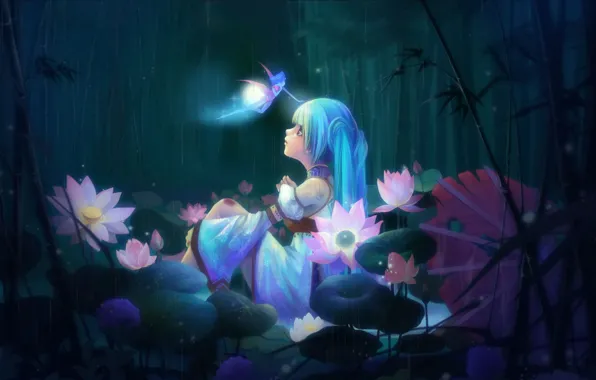 Girl, flowers, rain, wings, anime, fairy, art, sunmomo