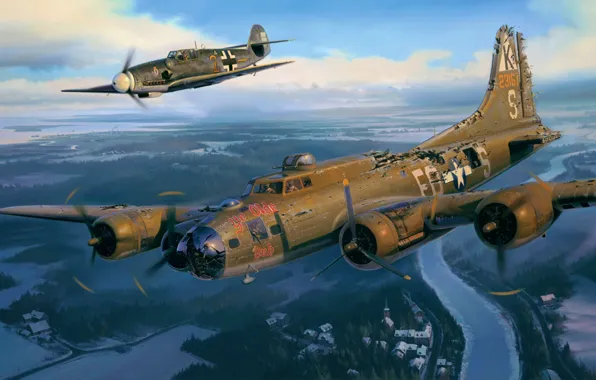 Picture war, art, airplane, painting, aviation, B-17, ww2, BF-109
