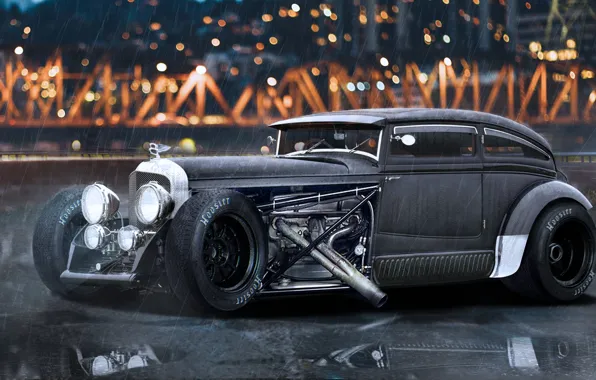 The rain, auto, bridge, the city, lights, engine, lights, wheel