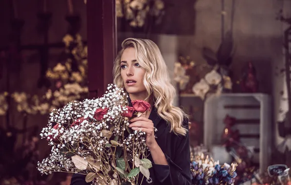 Picture girl, flowers, bouquet, blonde