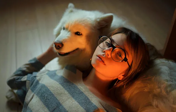Picture look, girl, portrait, dog, makeup, glasses, hairstyle, lies