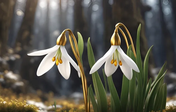 Forest, trees, flowers, nature, glade, spring, snowdrops, white