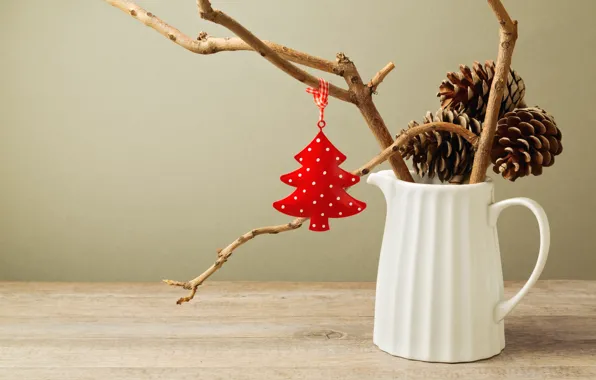 Winter, white, branches, toy, New Year, Christmas, pitcher, herringbone